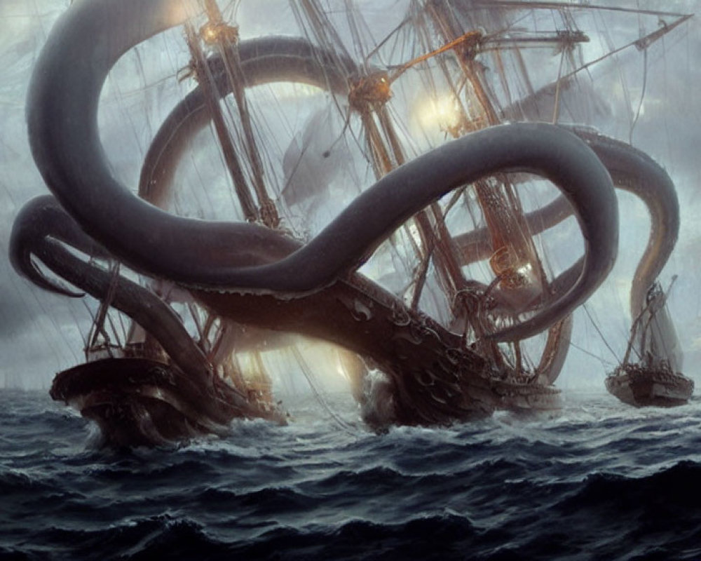 Giant octopus entwines old ship in stormy sea with ominous ships watching