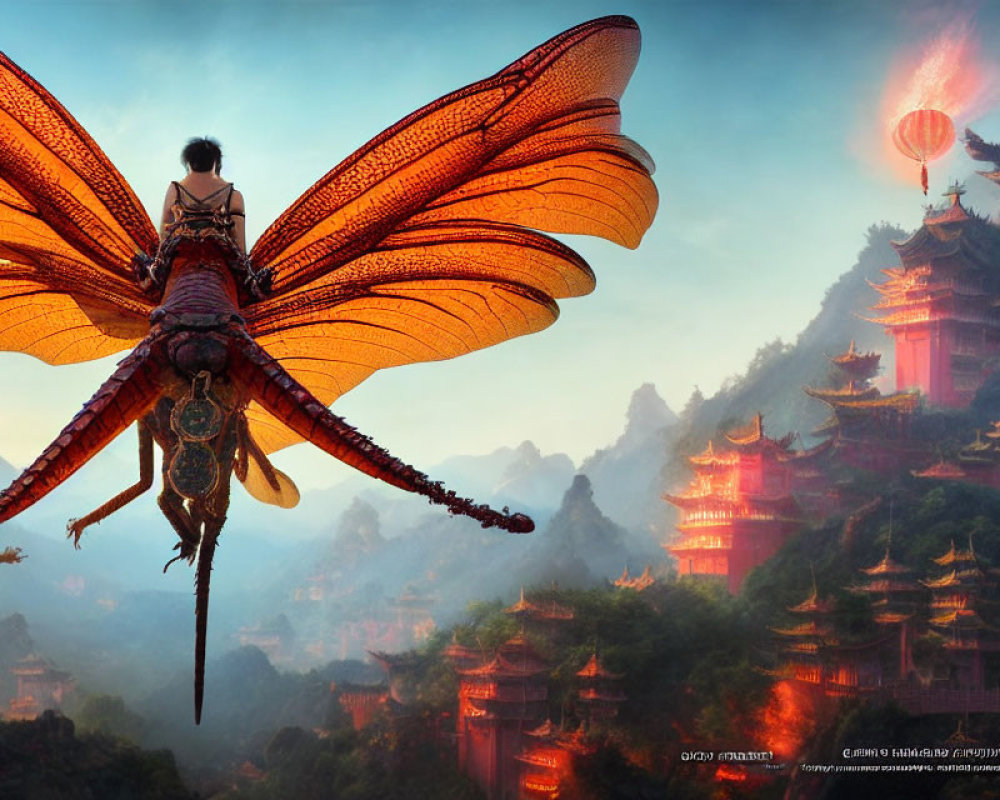 Fantasy artwork of person on giant dragonfly over Asian temple landscape