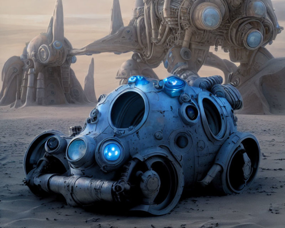 Futuristic blue-lit vehicle on sandy terrain with robotic structures.