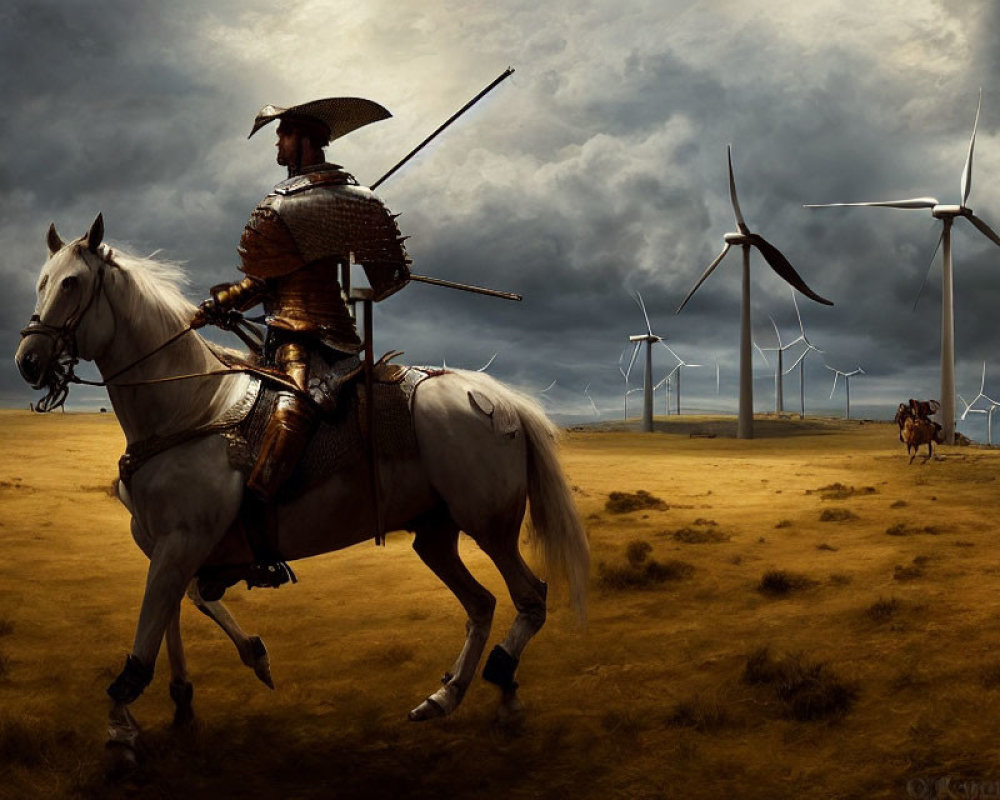 Traditional Samurai on White Horse with Wind Turbines and Approaching Rider