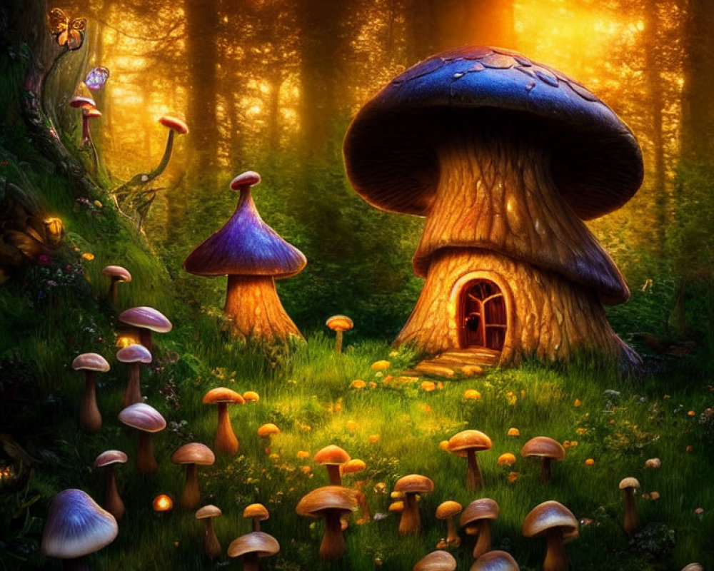 Enchanting forest scene with oversized mushrooms and glowing fungi