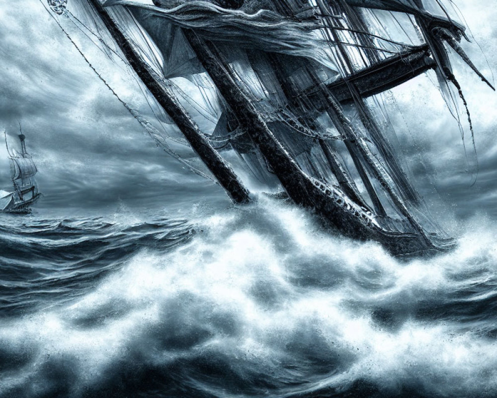 Stormy Sea Scene: Two Sailing Ships Amid Dark Clouds