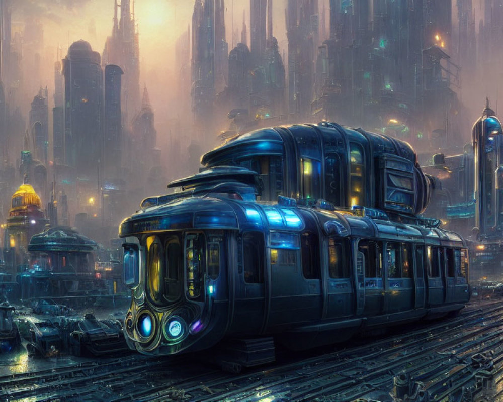 Futuristic train with blue lights in neo-noir cityscape