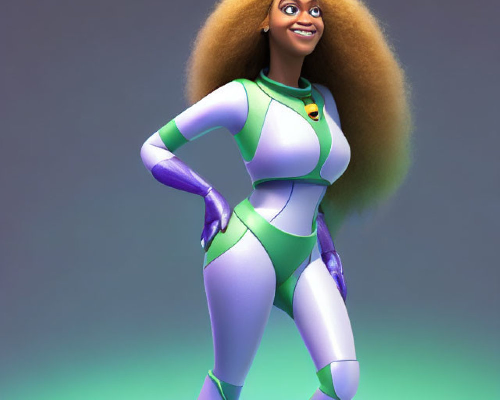 Animated female superhero in white and purple suit with green accents and blonde afro.