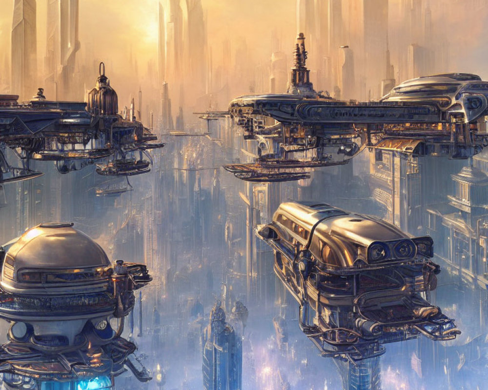 Golden-lit futuristic cityscape with towering skyscrapers and flying vehicles