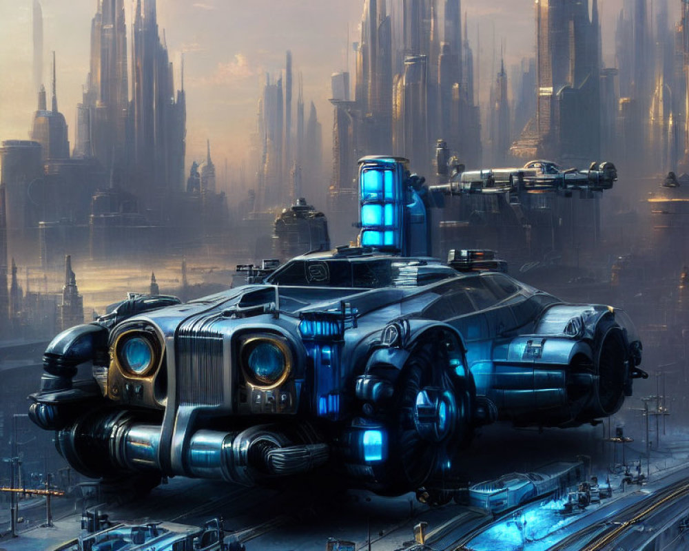 Futuristic vehicle hovers over cyberpunk cityscape with blue lights