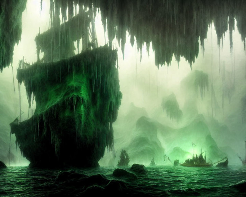 Moss-covered ghost ships in eerie green-lit seascape