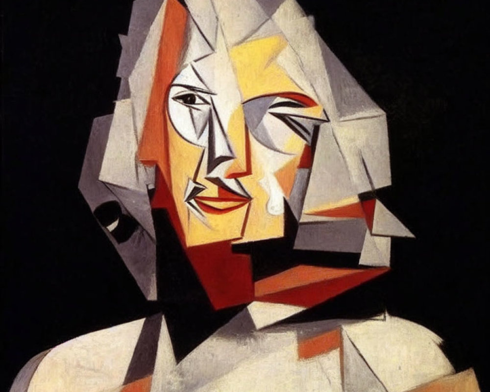 Geometric Cubist Portrait in Orange, White, and Black