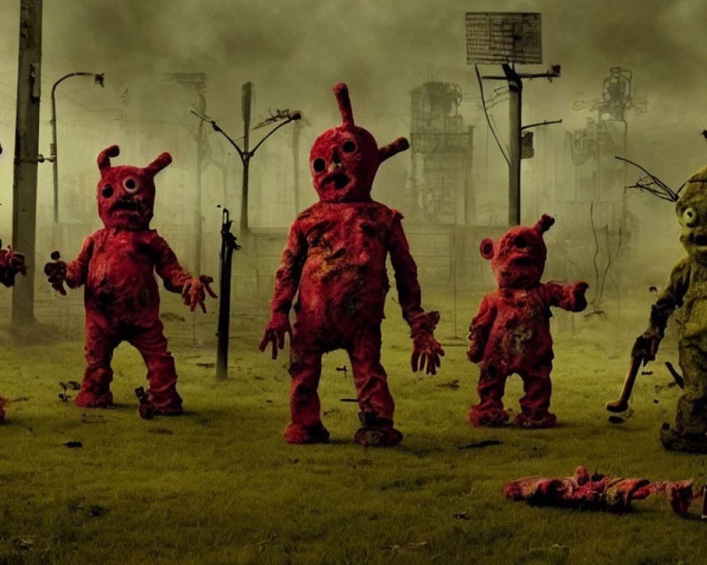 Distorted teletubby-like figures in post-apocalyptic scene with blood and haze.