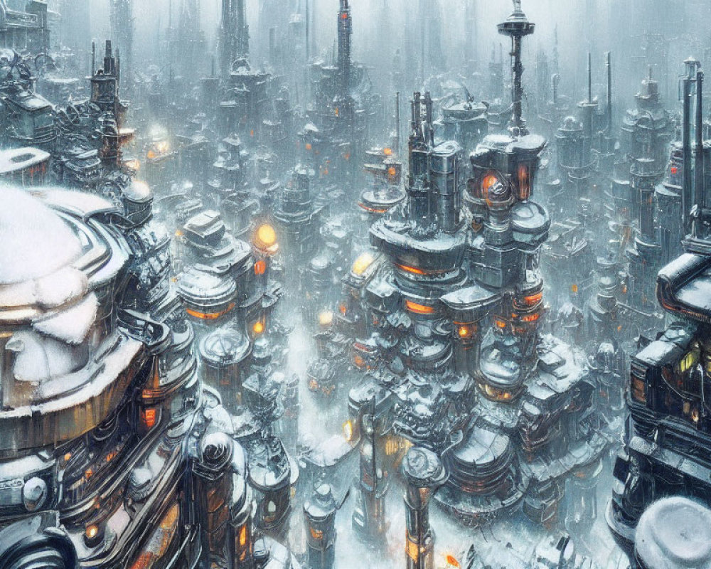 Futuristic snowy cityscape with cylindrical buildings and skyscrapers