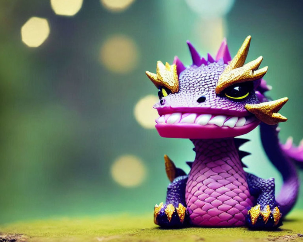Purple and Gold Dragon Figurine Outdoors with Bokeh Background