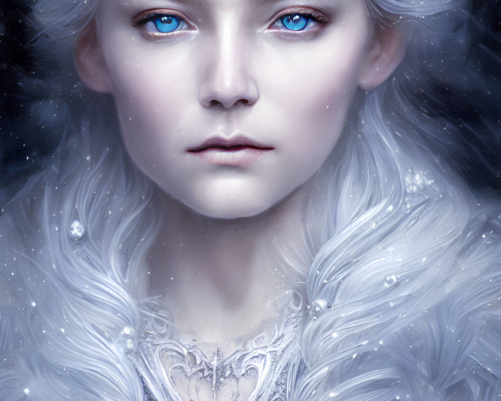 Woman with Blue Eyes, Blonde Hair, Crystal Tiara, and Fur Gown