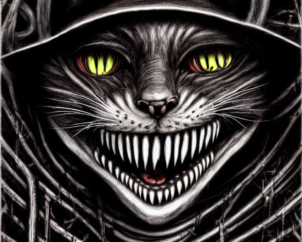 Grinning Cheshire Cat with glowing eyes in gloomy tones