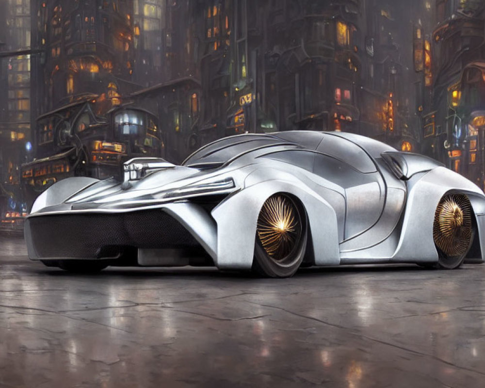 Futuristic silver car with golden wheels in cyberpunk cityscape