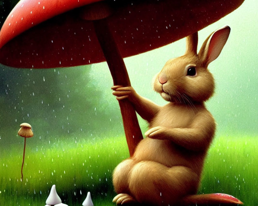 Illustration of anthropomorphic rabbit under giant red mushroom in rain