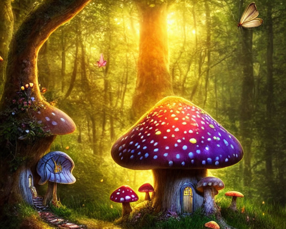 Colorful Mushroom Houses in Enchanted Forest with Butterflies