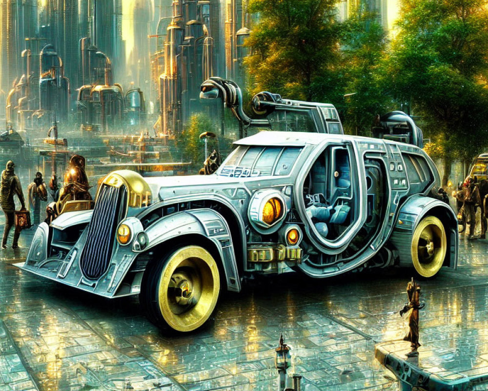 Retro-futuristic steampunk vehicle in futuristic cityscape