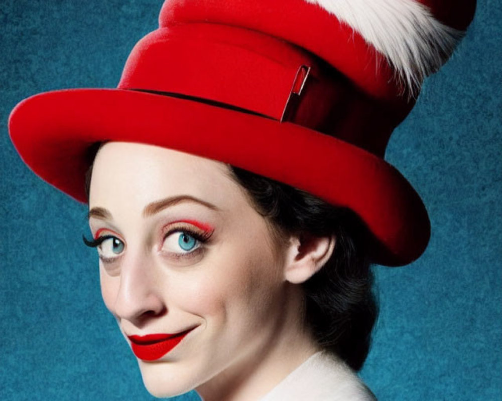 Woman with playful expression in red and white makeup and tall striped hat