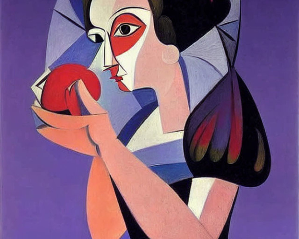 Cubist-style painting of woman with apple, bold colors & abstract shapes