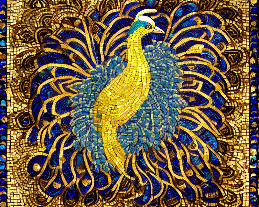 Colorful Peacock Mosaic in Blue and Gold Against Ornate Background