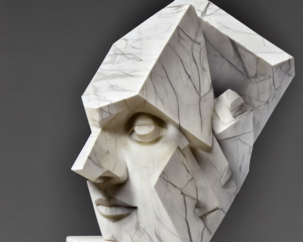 Fragmented Human Face Sculpture with Geometric Shapes on Gray Background