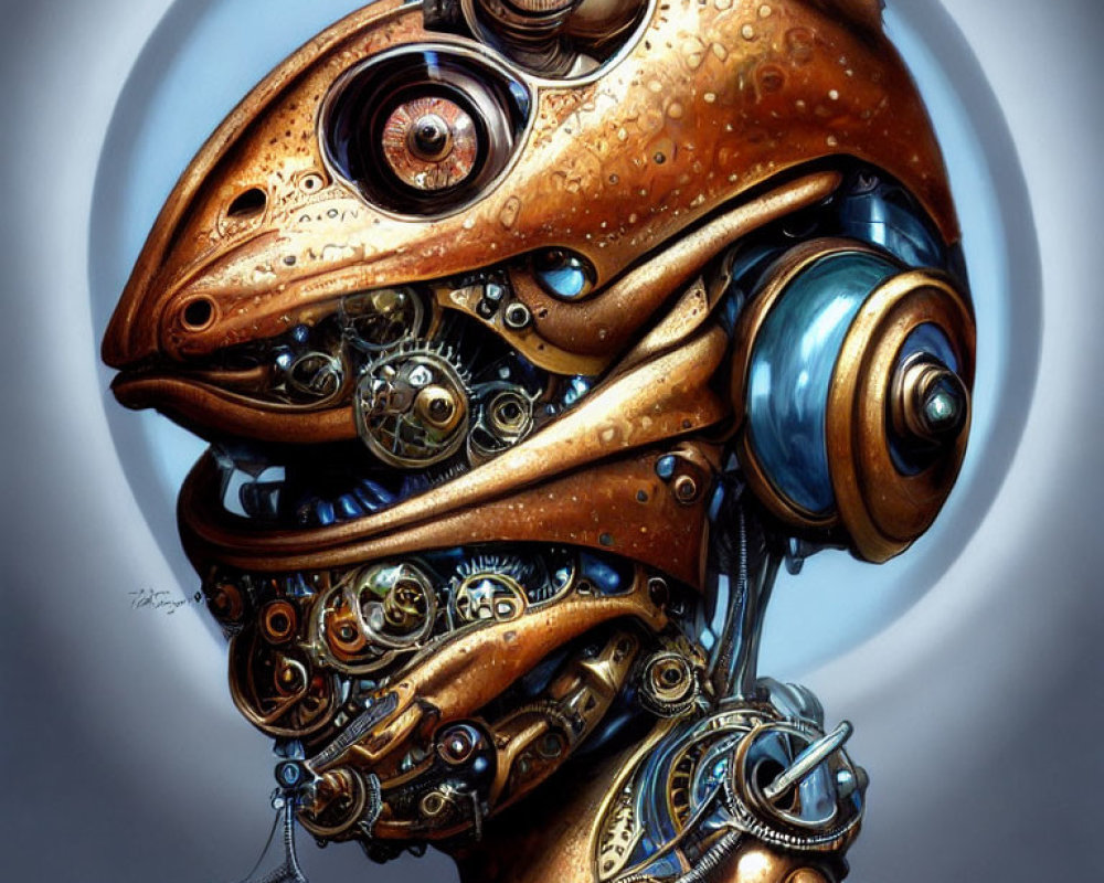 Detailed Mechanical Frog Illustration with Gears and Metallic Sheen