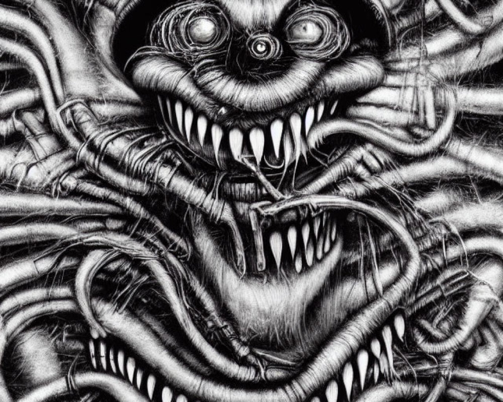 Surreal black and white drawing of multiple grinning faces