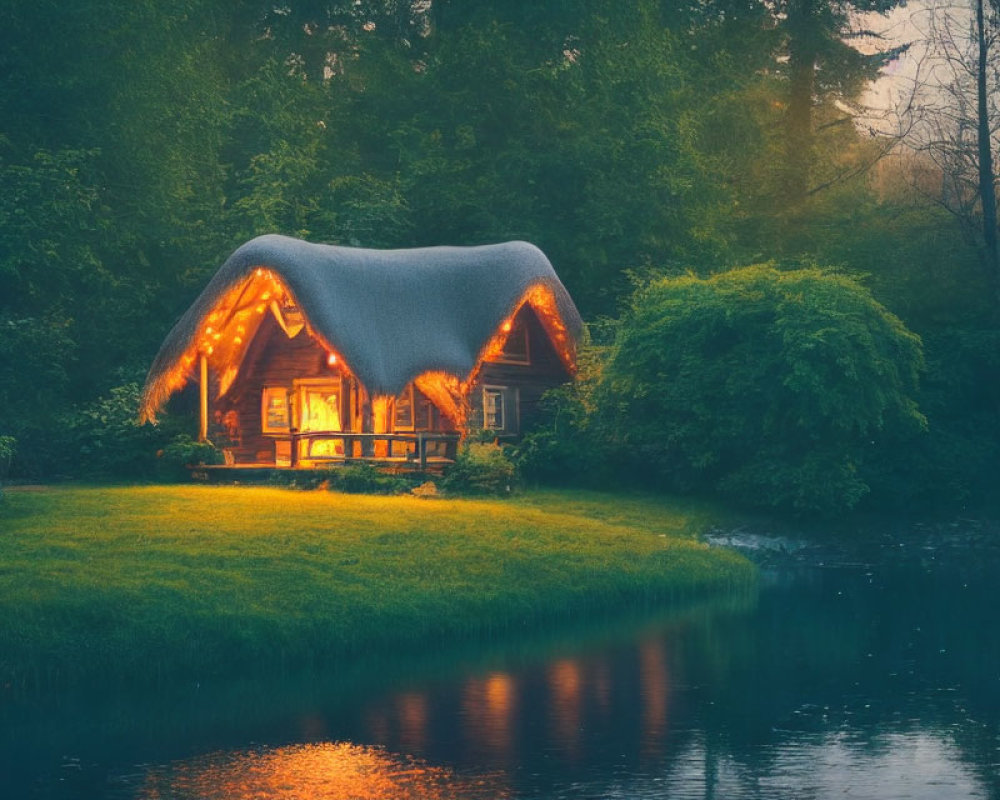 Cozy cottage by river in misty forest twilight