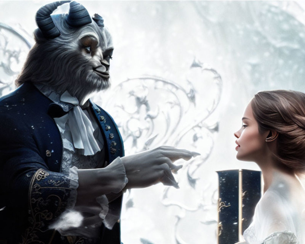 Woman in white dress meets beast-man in formal attire in snowy scene