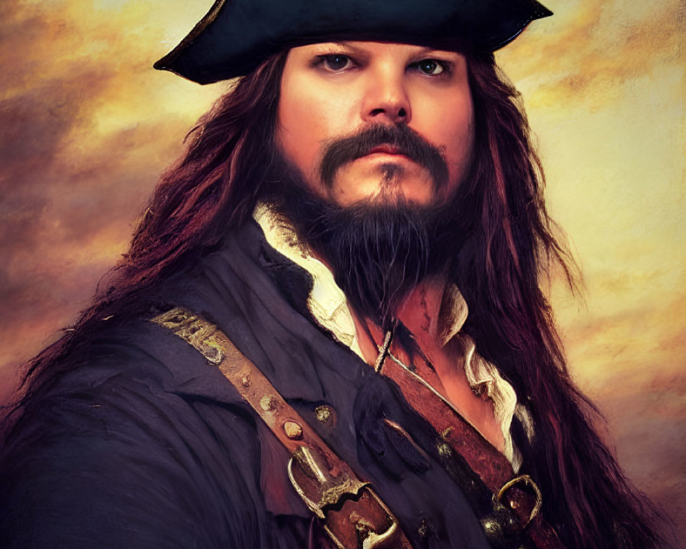 Person in Pirate Costume with Tricorn Hat, Long Hair, and Beard in Moody Sky Portrait