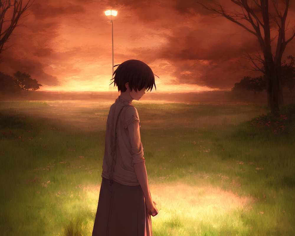 Anime-style character in serene field at sunset with trees and lamppost