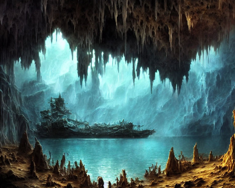 Mystical underground cavern with serene lake and shipwreck