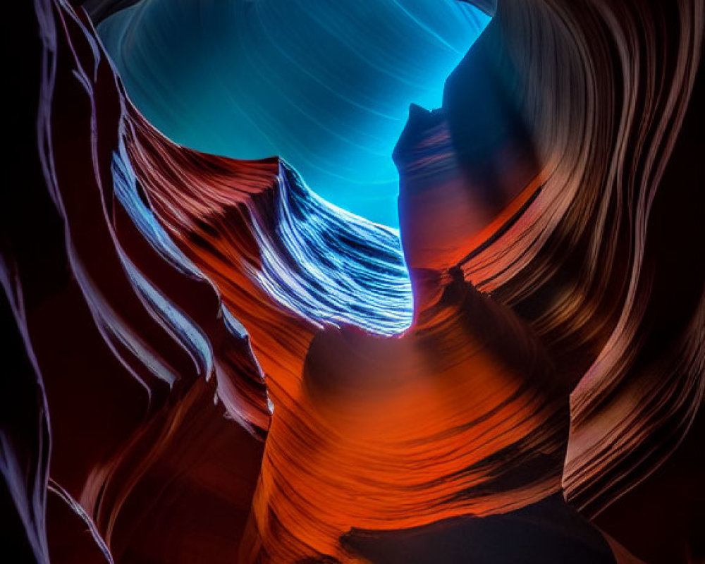 Wavy rock formations in Antelope Canyon with gradient colors from orange to blue.