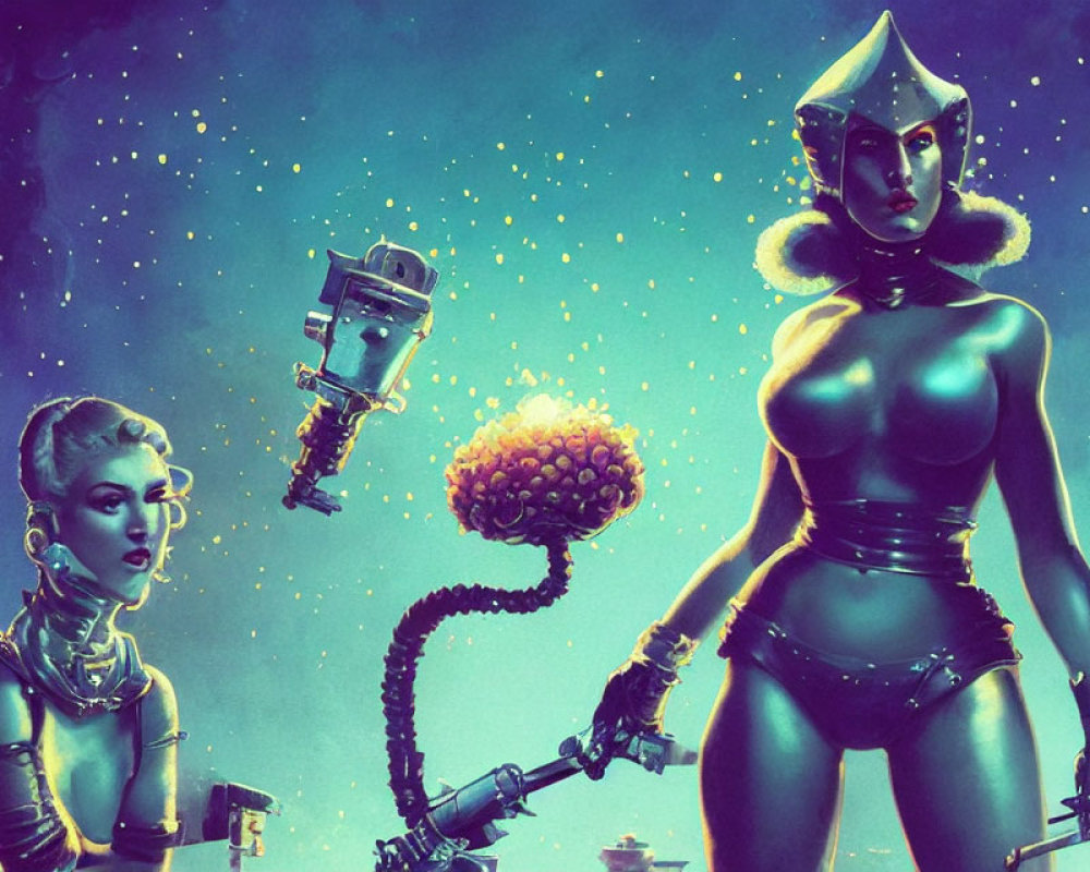 Futuristic sci-fi art: Two stylized females and a robot in cosmic setting