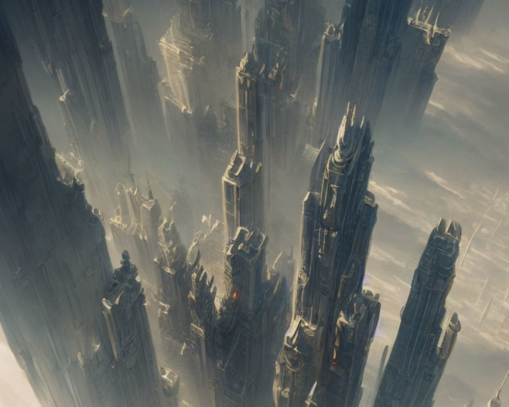 Futuristic skyscrapers in misty high-tech cityscape