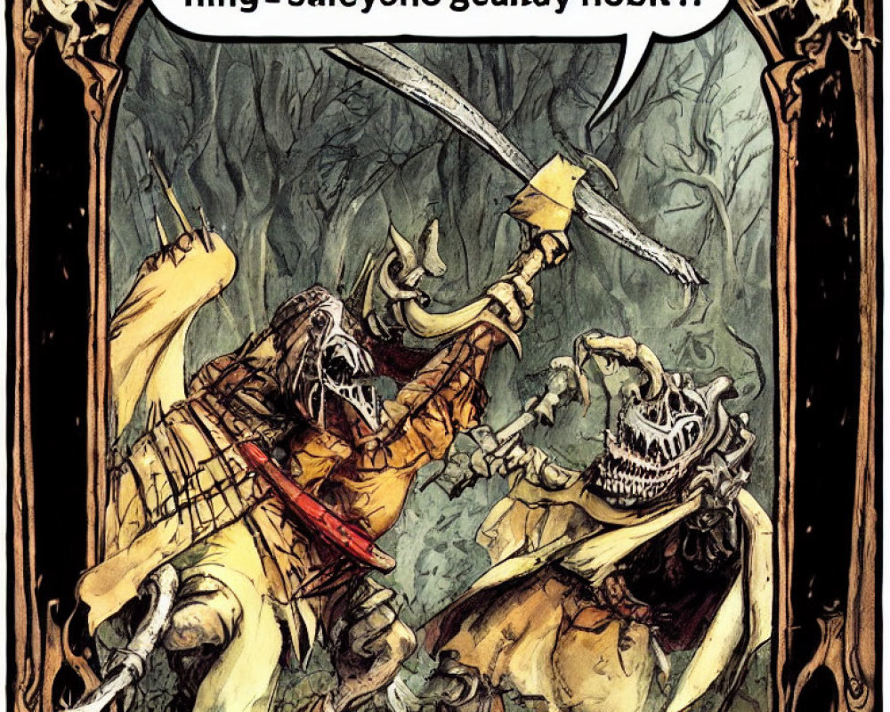 Fantasy characters in combat within ornate frame with script.