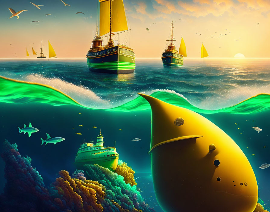 Colorful Seascape with Ships and Yellow Submarine at Sunset