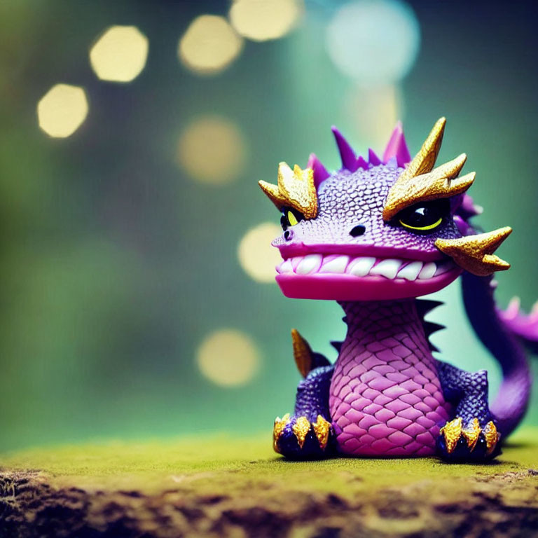 Purple and Gold Dragon Figurine Outdoors with Bokeh Background