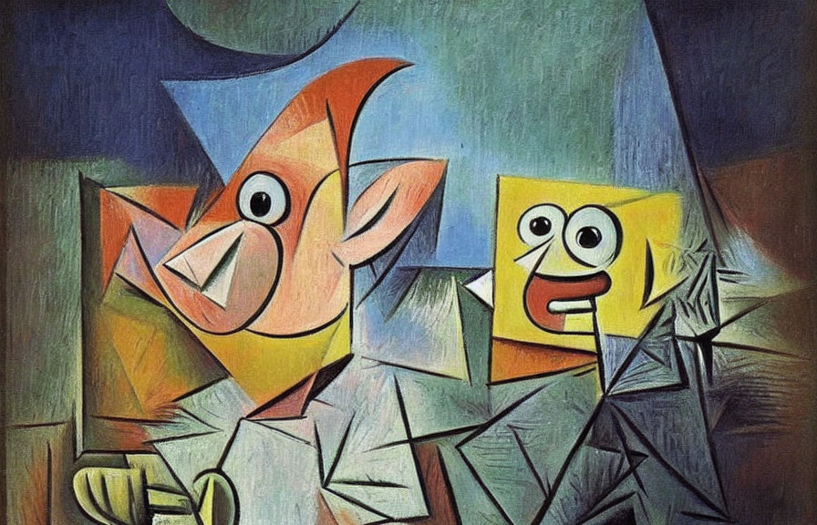 Cubist painting of two figures with distorted features