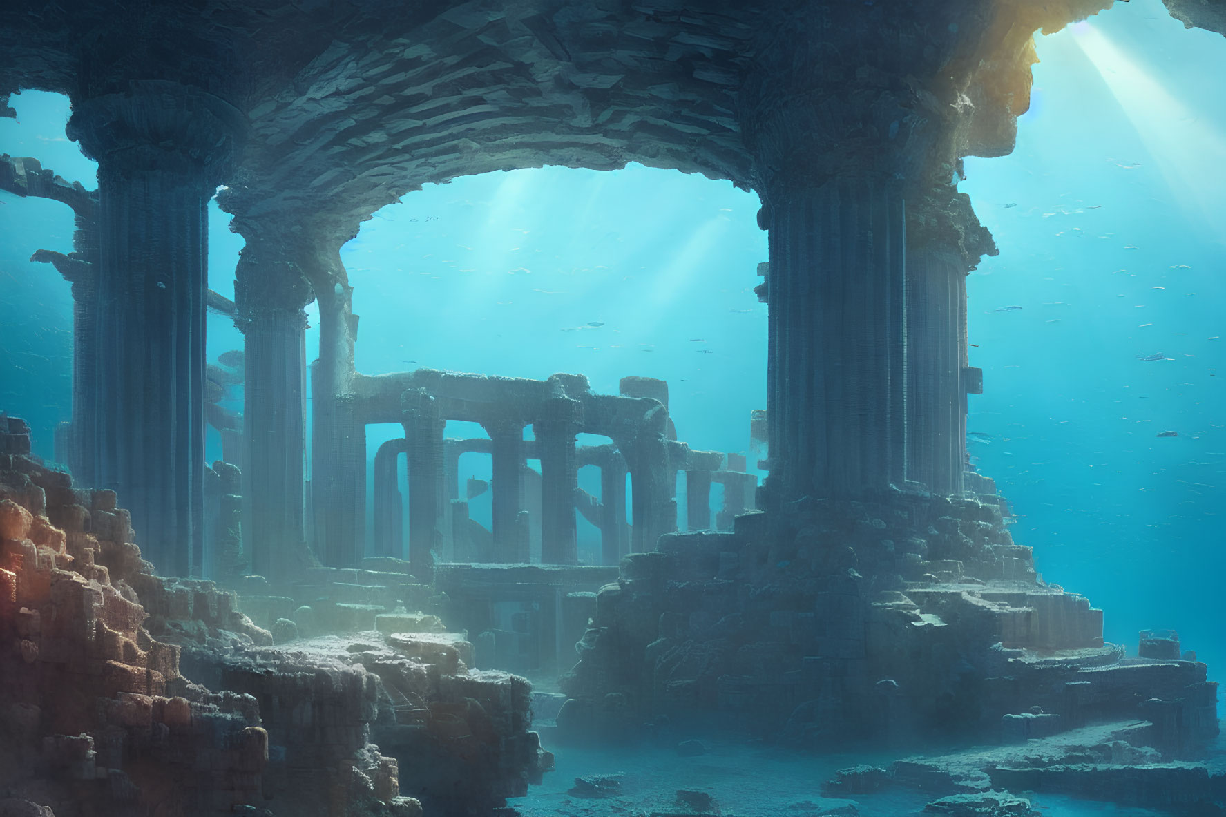 Ancient underwater temple ruins with classical columns and arches in peaceful ocean.