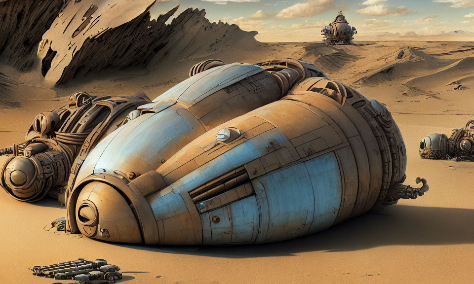 Futuristic machinery in desert landscape with derelict spacecraft parts