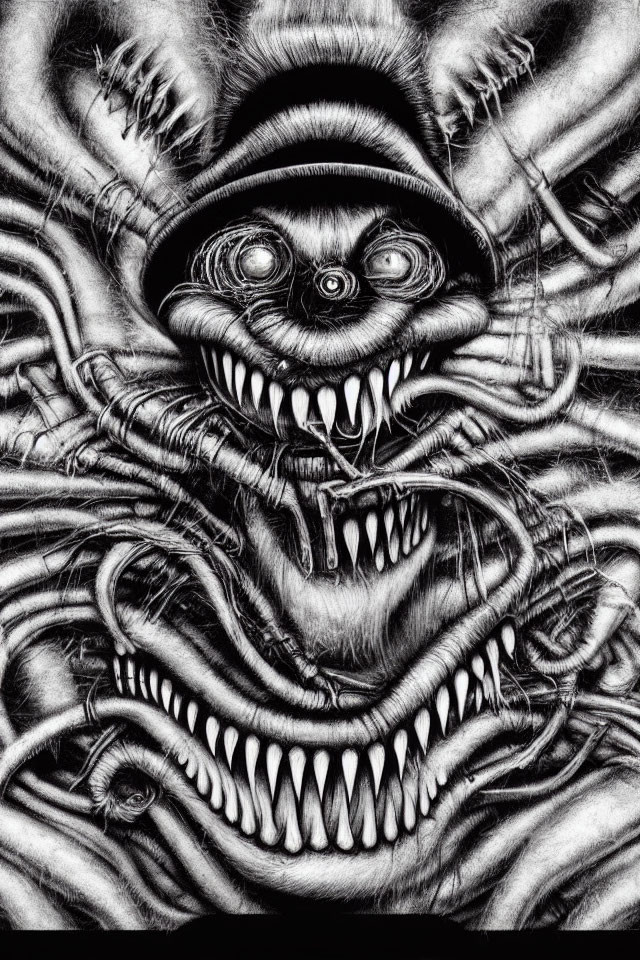 Surreal black and white drawing of multiple grinning faces