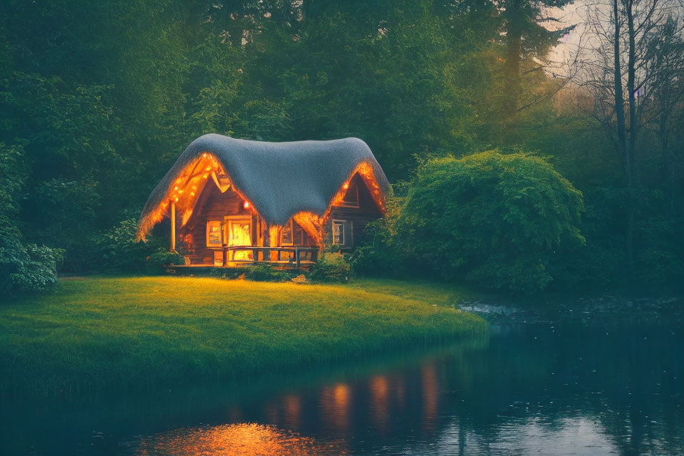 Cozy cottage by river in misty forest twilight