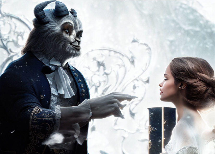 Woman in white dress meets beast-man in formal attire in snowy scene