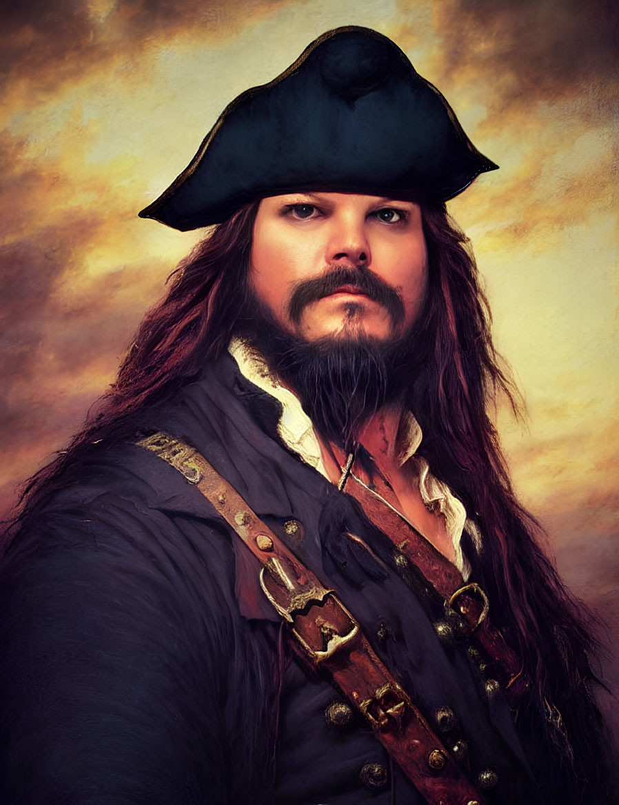 Person in Pirate Costume with Tricorn Hat, Long Hair, and Beard in Moody Sky Portrait