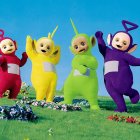 Vibrant Teletubbies in zombie-like state amid post-apocalyptic setting