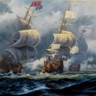 Historic naval battle scene with tall ships in stormy seas