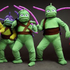 Four individuals in colorful costumes with antennae and smiling faces standing side-by-side