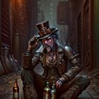 Steampunk man in top hat and goggles in dimly lit alley with bottles and mechanical parts