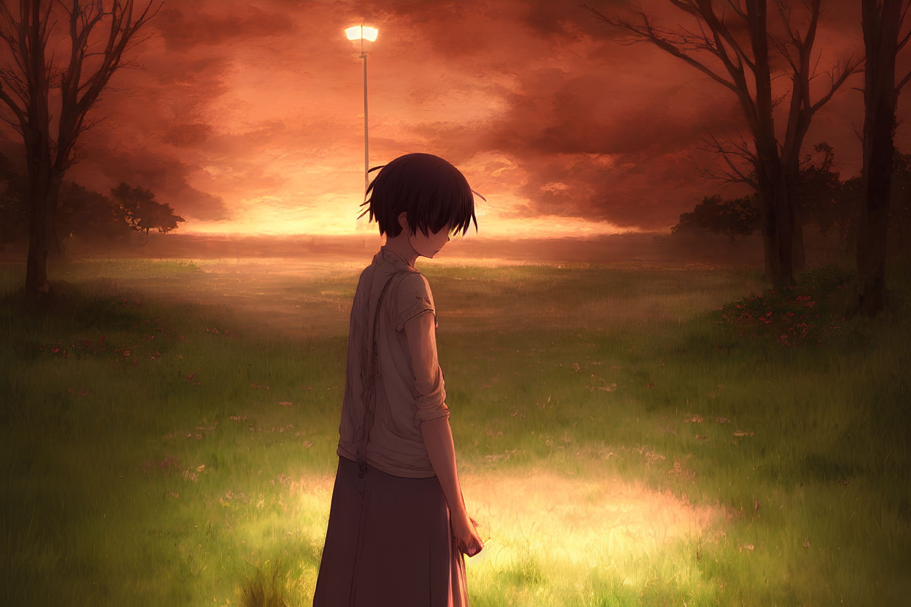 Anime-style character in serene field at sunset with trees and lamppost